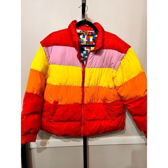 Lego x Target Colorblock Red Sunset Striped 2-in-1 Puffer Jacket / Vest L NWOT - Picture 3 of 9